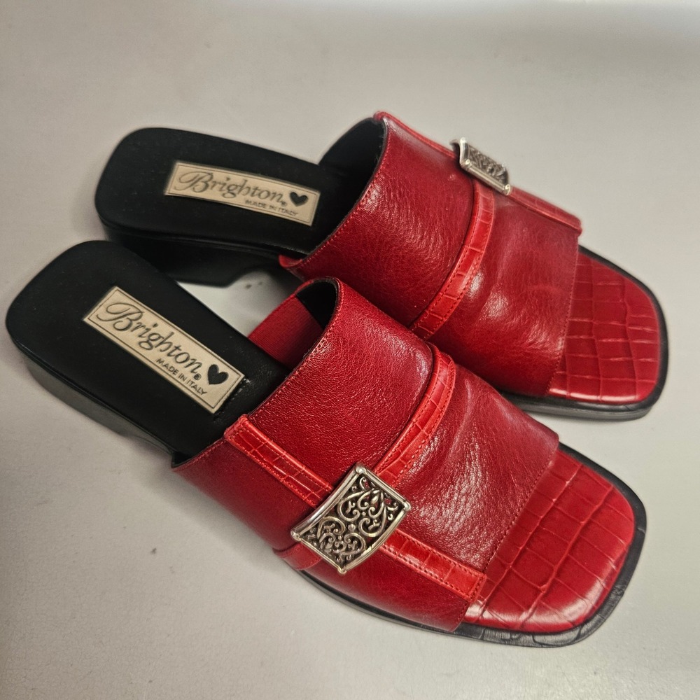 Brighton Beth Red Leather Slide Sandals Croc Embossed Buckle Mules Made Italy 7M